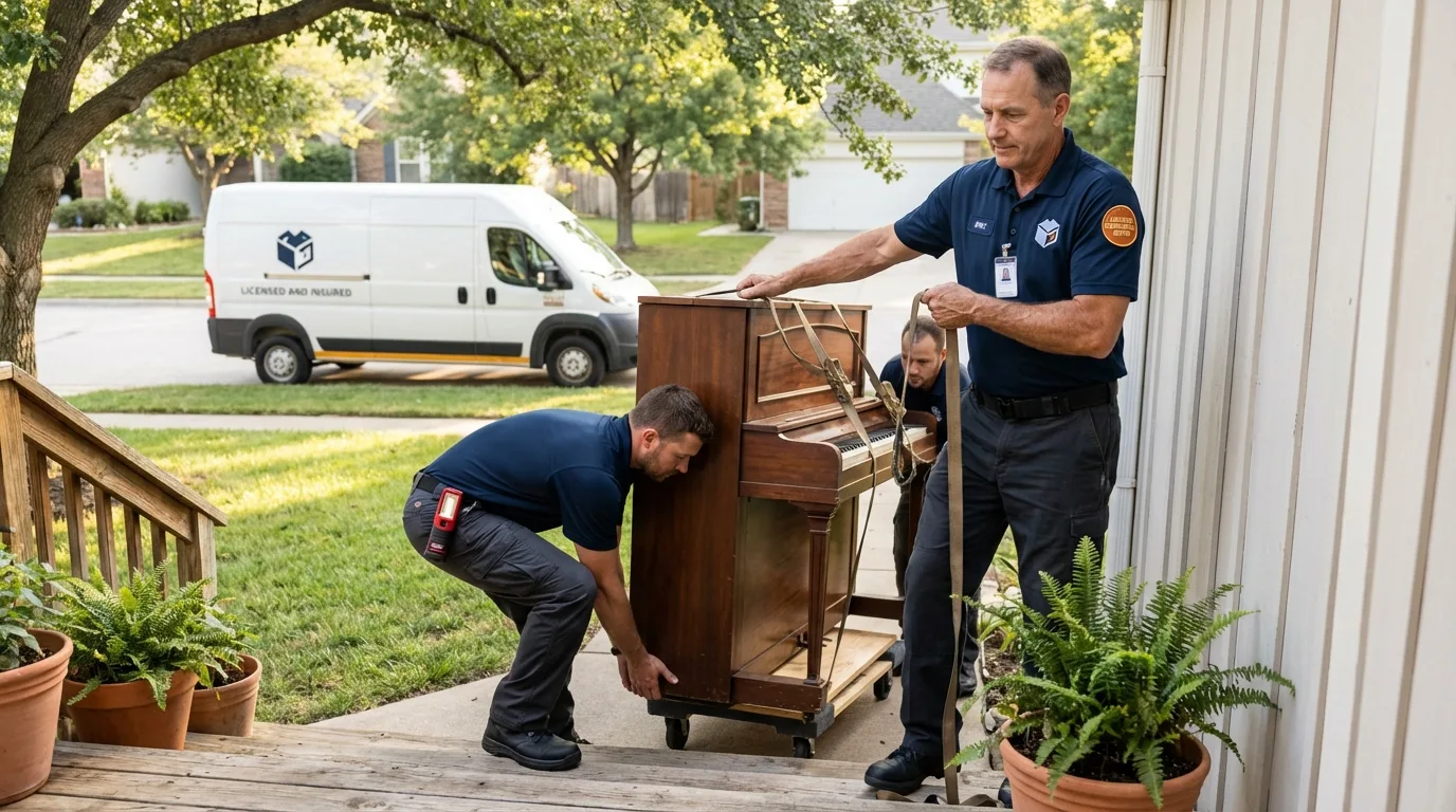 Licensed piano movers securing grand piano in Sebring, OH