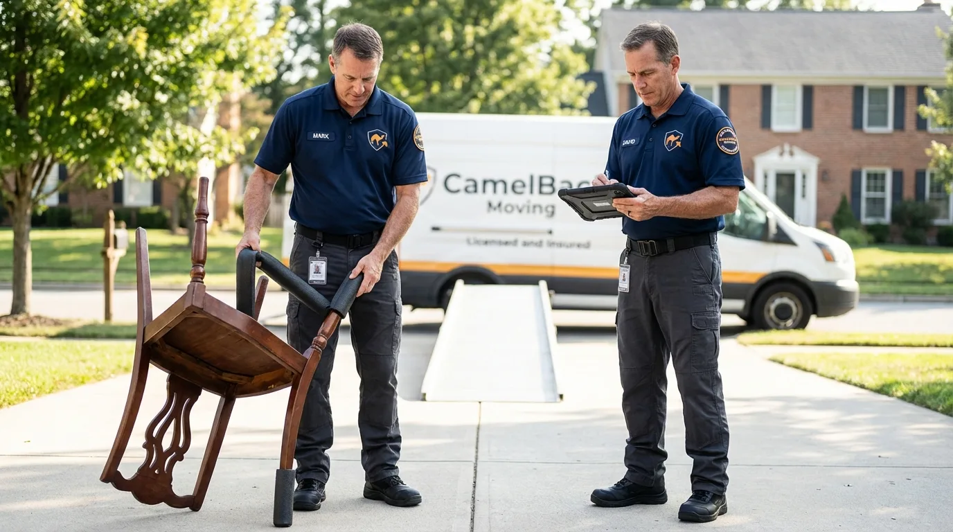 Movers inspecting furniture for damage prevention before loading in Sebring, OH