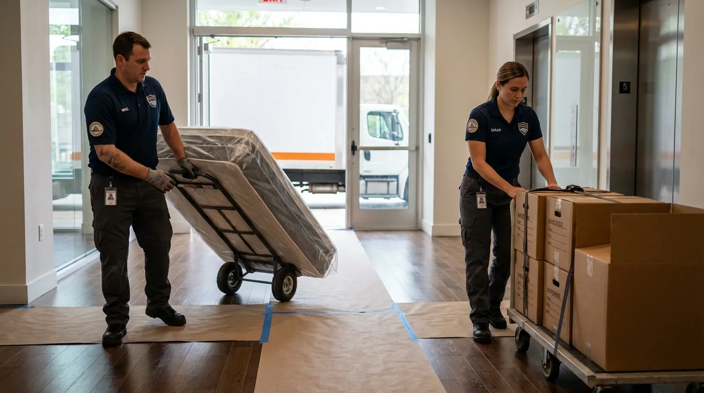 Professional apartment movers loading elevator in Sebring, OH